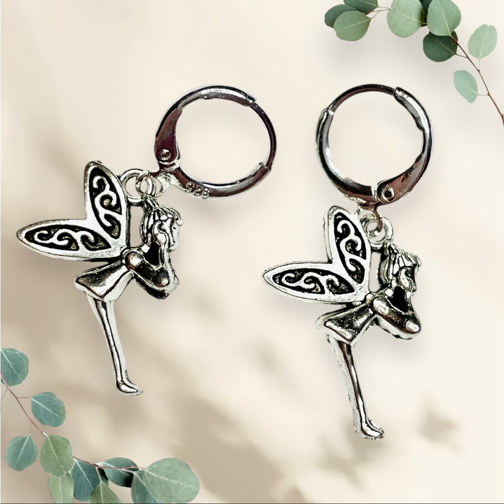 Fairy Earrings 12mm Sterling Silver Hoops Drop Length 1.25” Dainty Minimalist